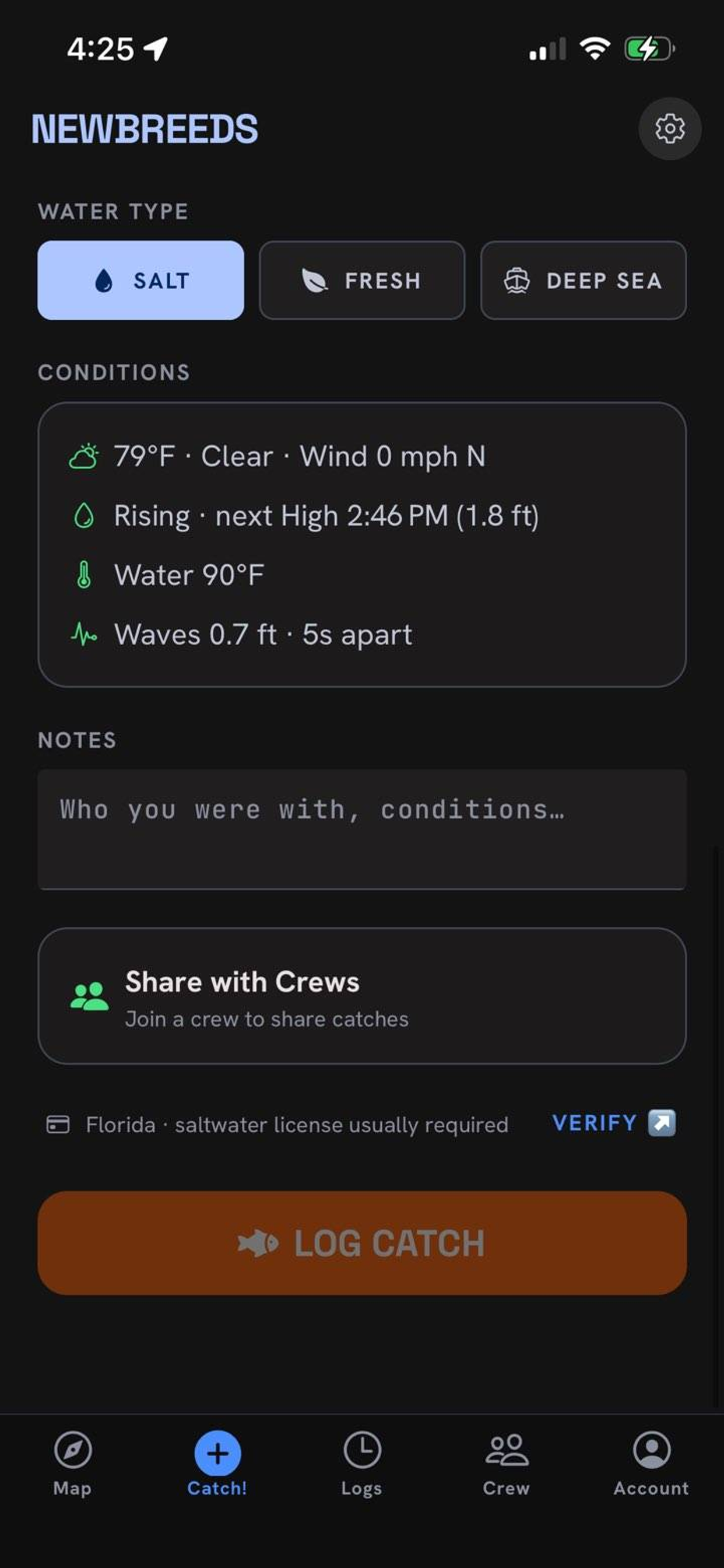 The Log a Catch screen with live conditions and the LOG CATCH button