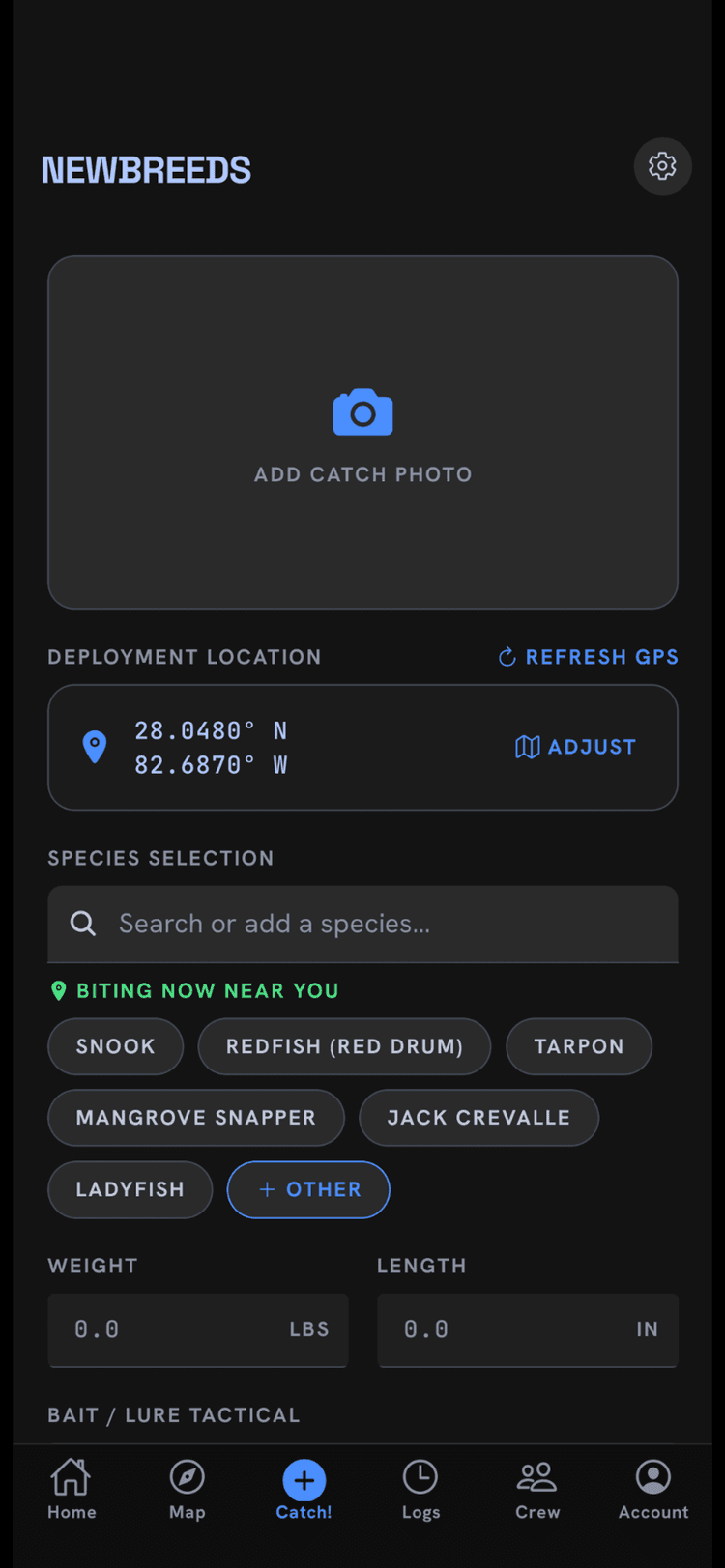 Log a catch screen with GPS location, species selection and photo
