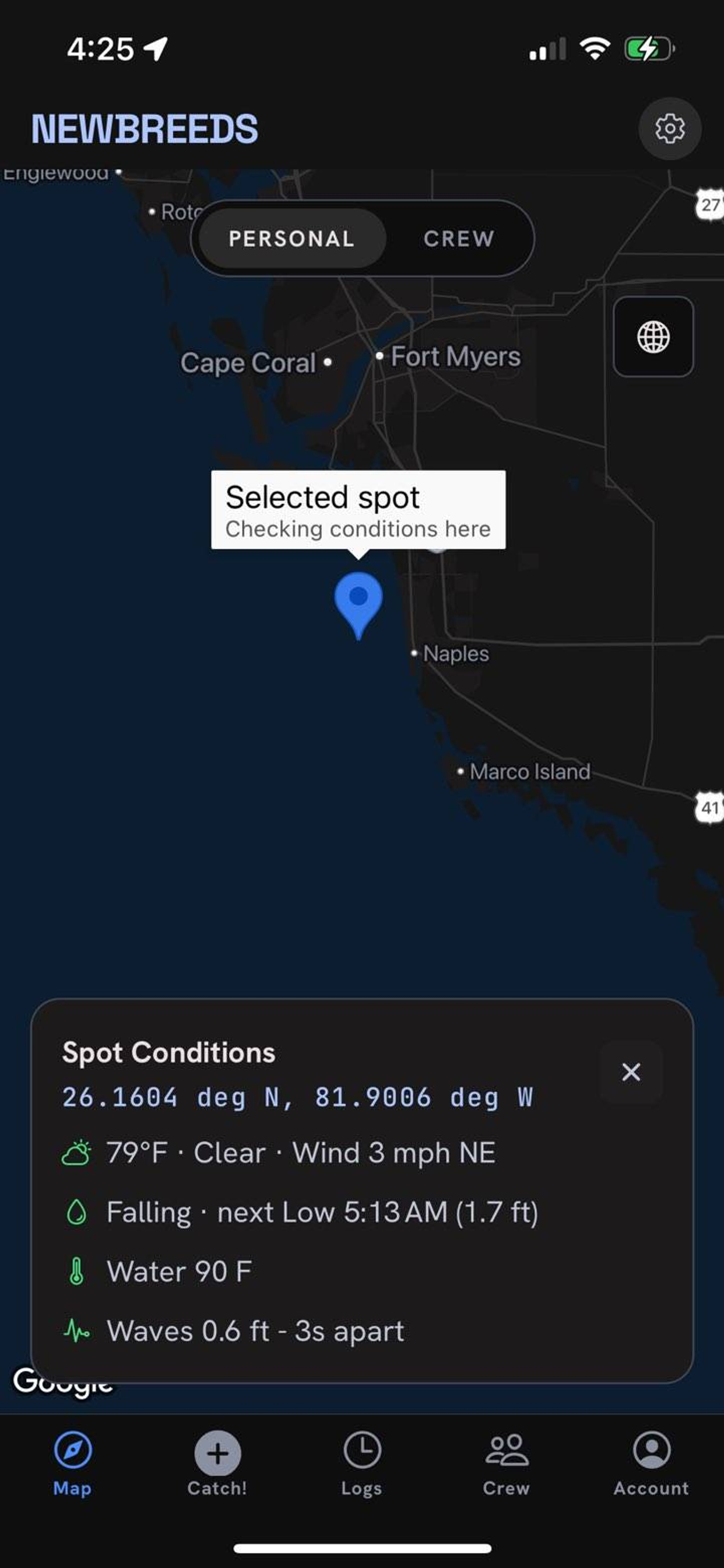 Full-screen map with a Personal and Crew toggle and a spot conditions card