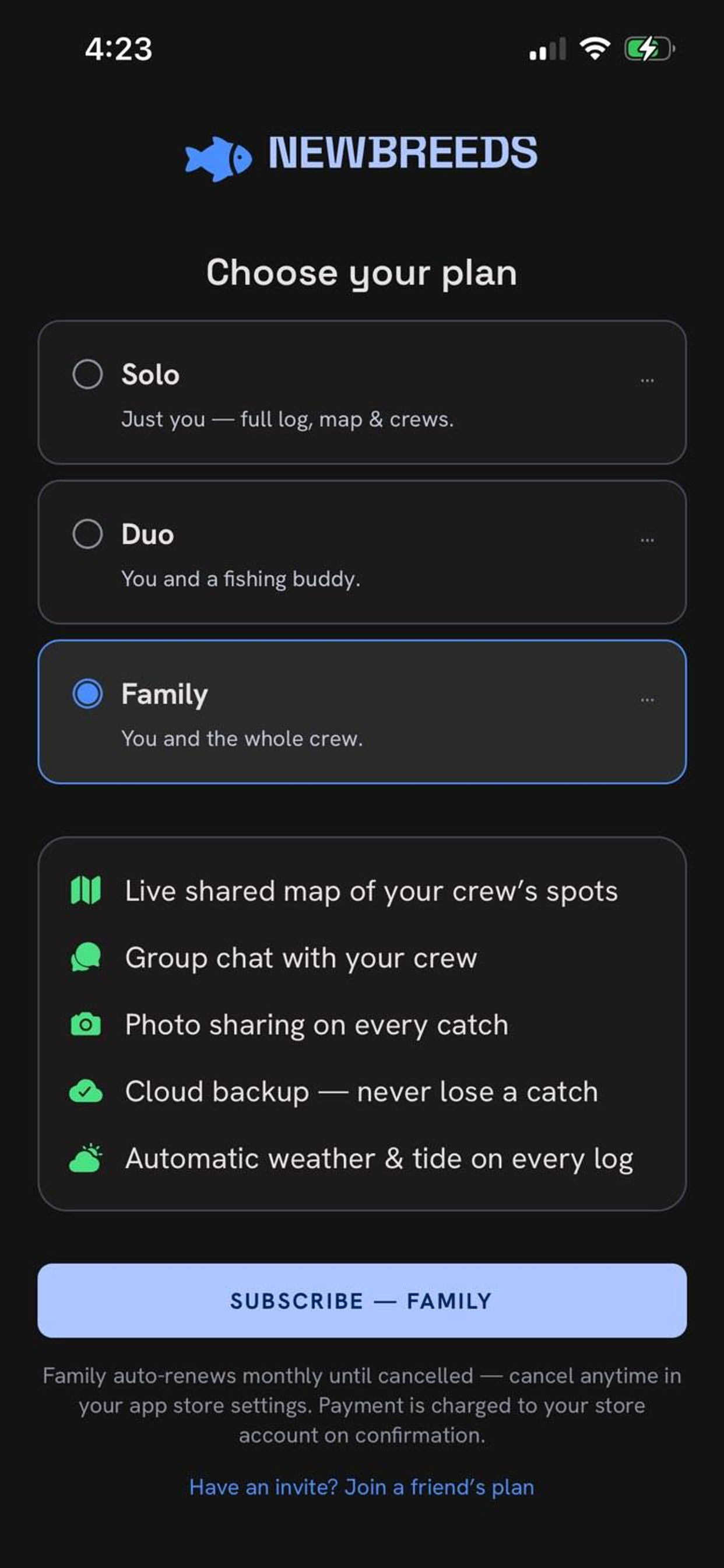 Choose your plan screen showing Solo, Duo and Family tiers